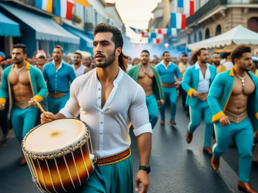 Desfile vibrante en Uruguay durante un festival de Candombe, con músicos y espectadores alegres