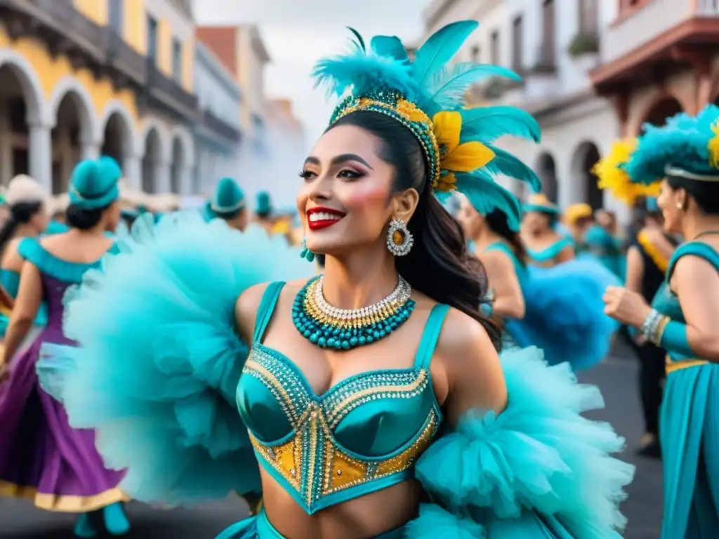 Un desfile vibrante de Mujeres en el Carnaval Uruguayo, lleno de color, alegría y empoderamiento