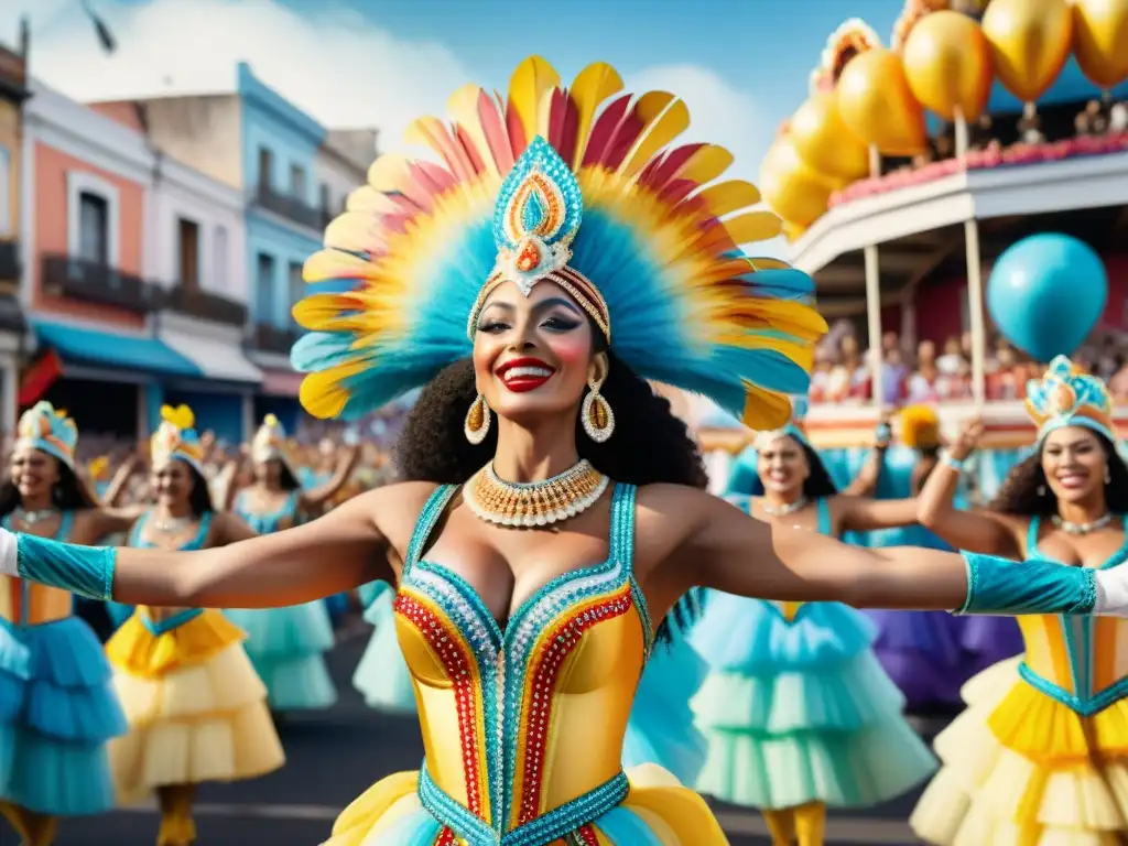 Un desfile vibrante de mujeres líderes en Carnaval Uruguayo, lleno de coloridos trajes y floats