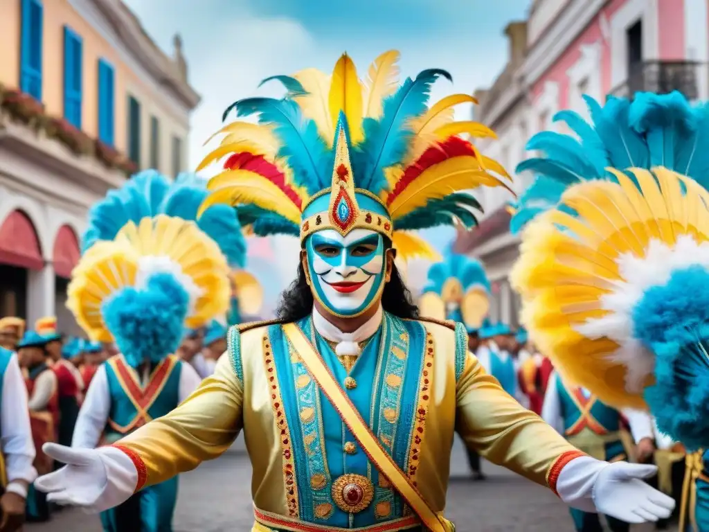 Desfile vibrante de murgas en el Carnaval de Uruguay, lleno de color y energía