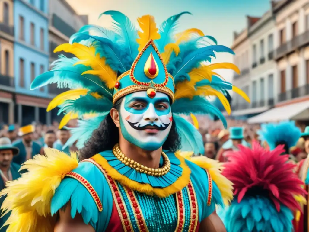 Desfile vibrante de murgas en el Carnaval Uruguayo, trajes llenos de significado y colorido