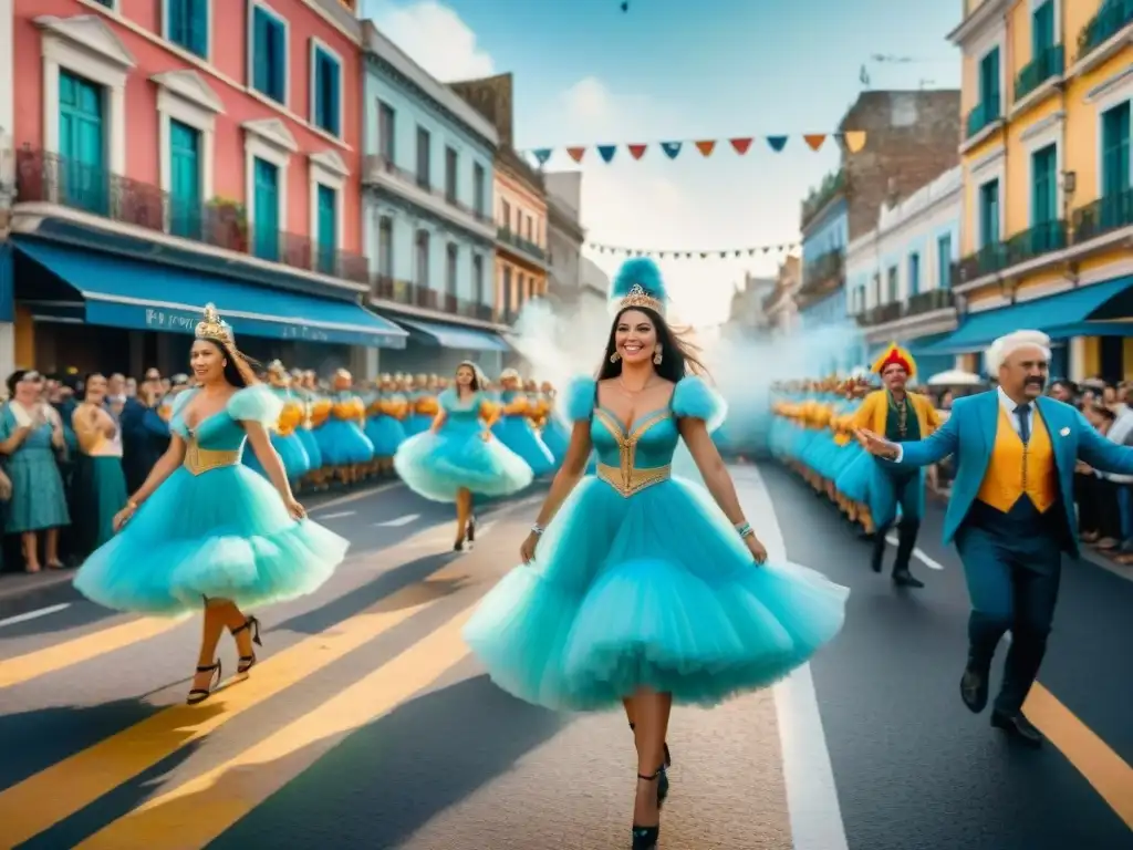 Desfile vibrante de murgas y comparsas de Uruguay y Argentina, celebrando conexiones entre Carnaval Uruguayo