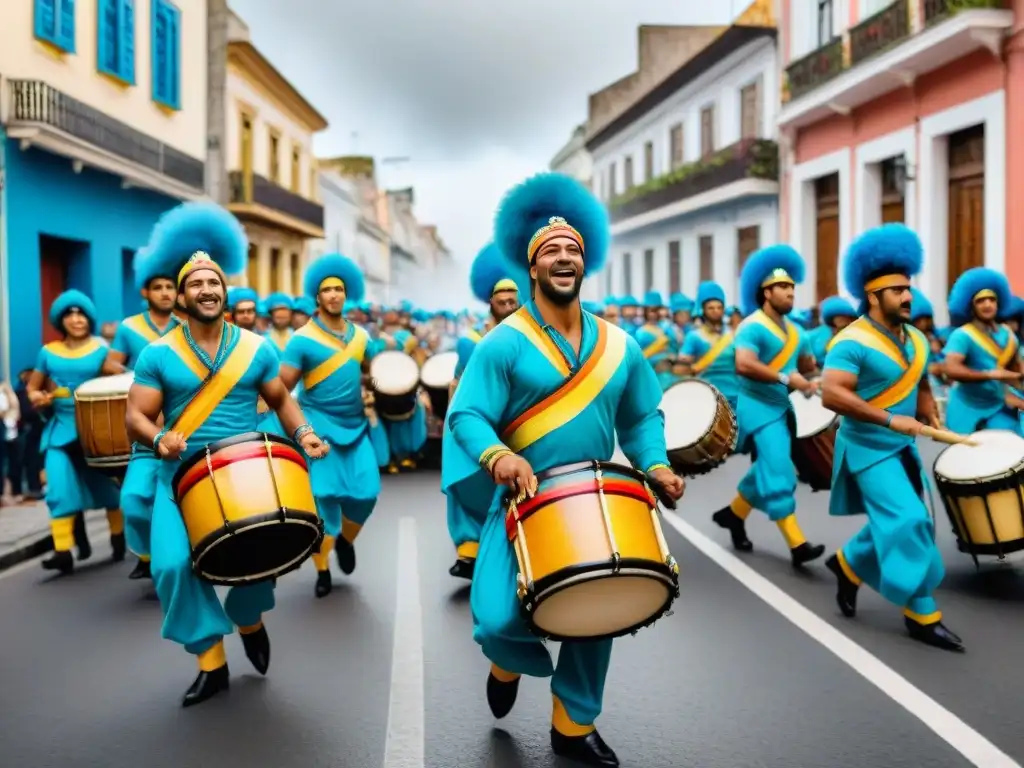 Desfile vibrante de Candombe en Uruguay, con músicos y bailarines en atuendos tradicionales