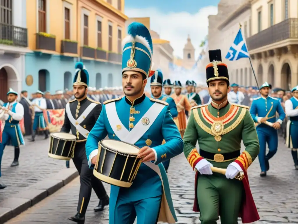 Un desfile vibrante de parodistas uruguayos en un pintoresco escenario colonial