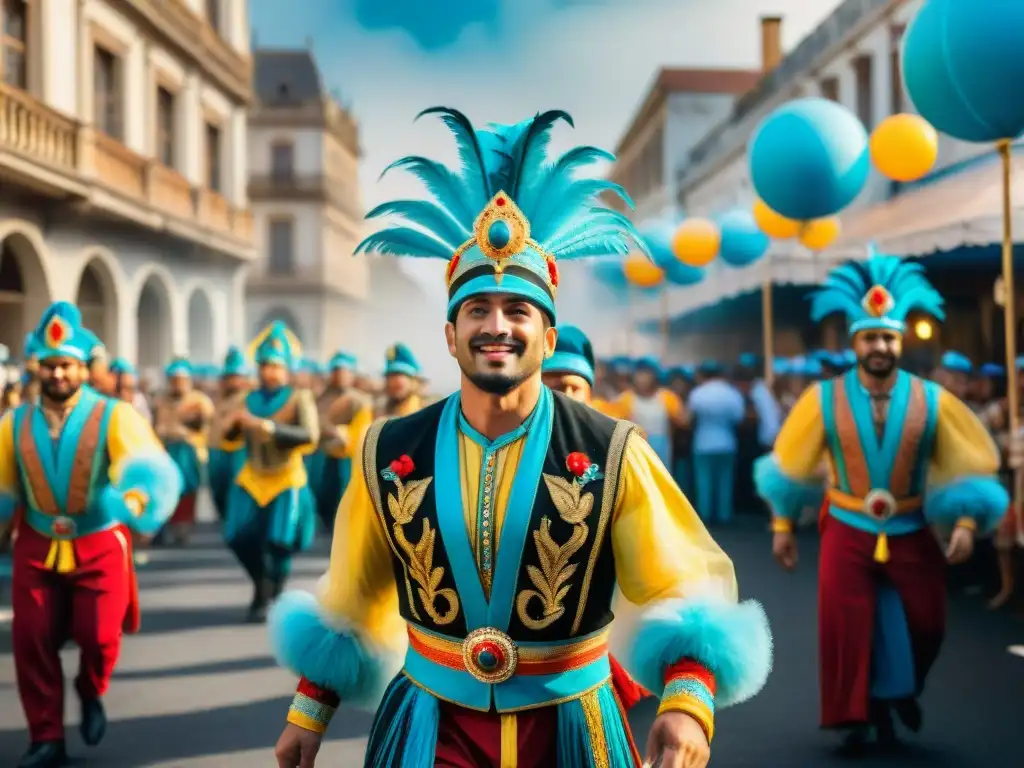 Desfile vibrante de Revistas del Carnaval Uruguayo: parodistas con trajes coloridos bailando alegres y espectadores emocionados