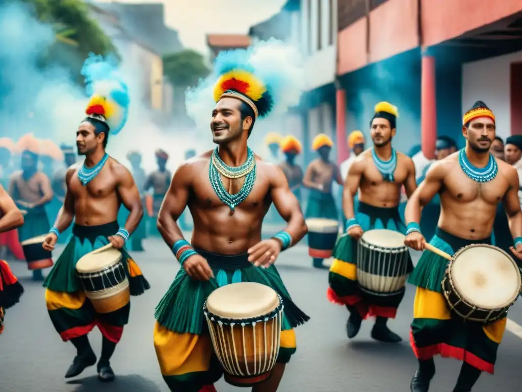 Un desfile vibrante de Candombe en Uruguay: tambores y bailarines en trajes tradicionales, con impacto y pasión candombe moda uruguaya