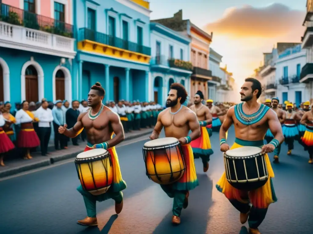 Desfile vibrante de Candombe en Uruguay: tambores, trajes coloridos y bailarines energéticos en talleres de candombe en Uruguay