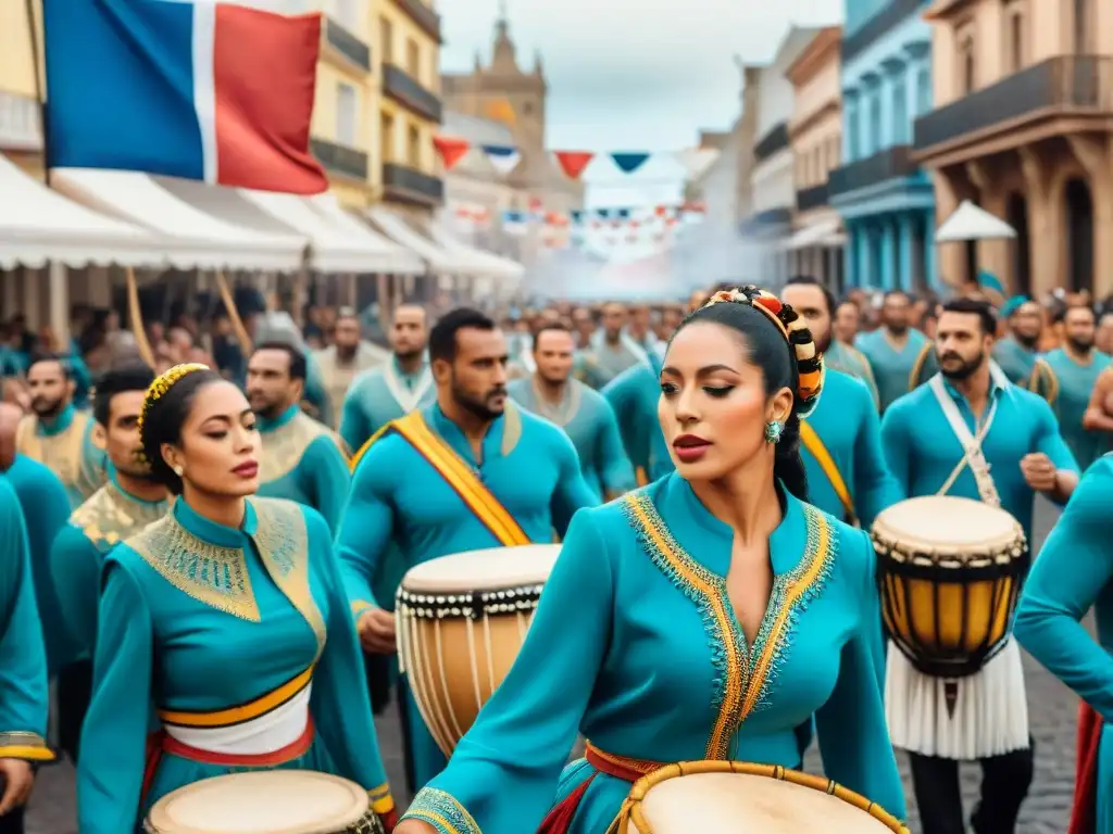 Desfile vibrante en Uruguay con Candombe, tambores y trajes tradicionales en una fiesta cultural