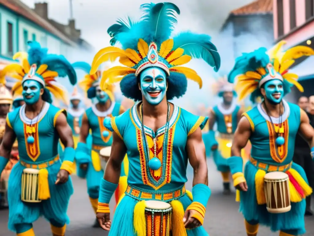 Desfile vibrante con tendencias en el Carnaval Uruguayo: coloridos trajes, tambores y bailarines alegres