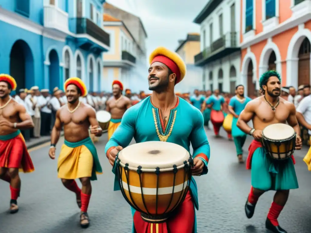 Desfile vibrante de Candombe uruguayo: músicos tocando tambores, bailarines en trajes coloridos y espectadores animados