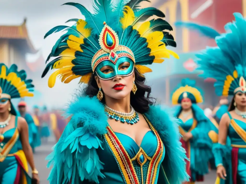 Un desfile de vibrantes trajes de Carnaval Uruguayo con mensajes ocultos meticulosamente detallados en colores ricos y vivos