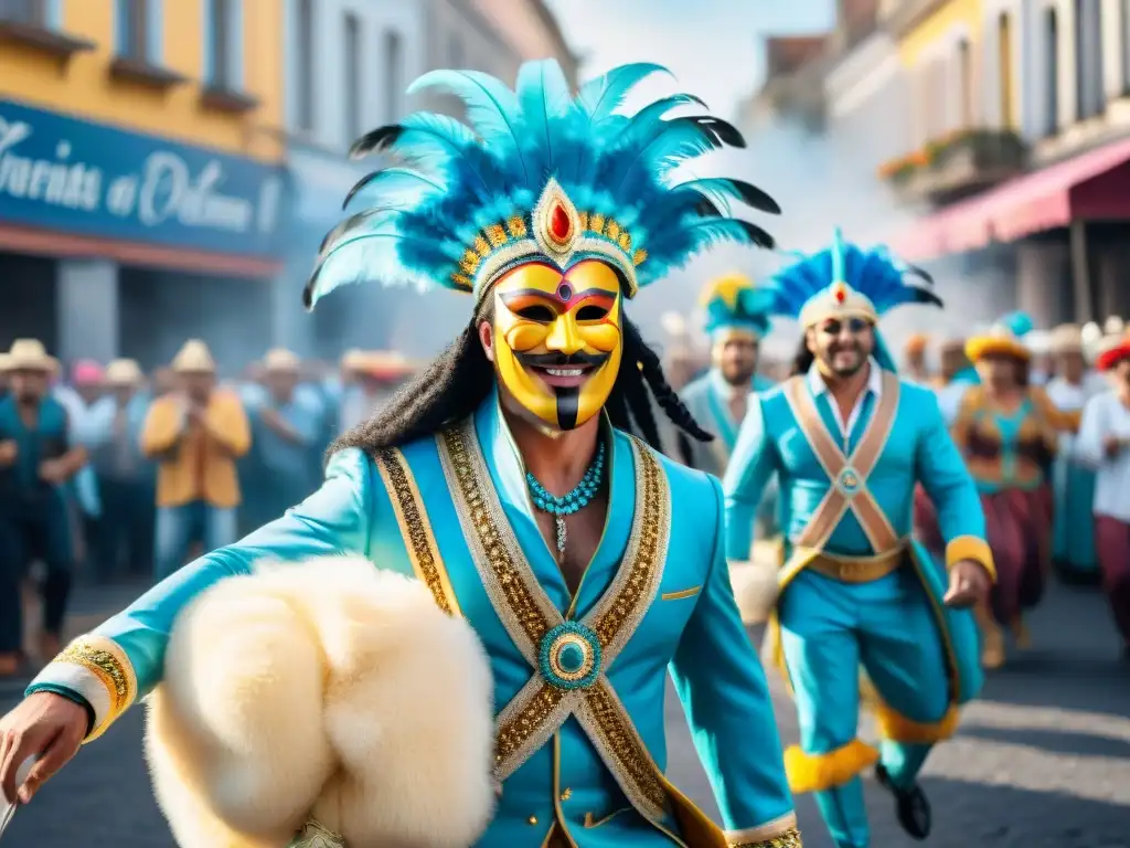 Desfiles legendarios Carnaval Uruguayo: animado desfile con trajes coloridos, carrozas y bailarines felices en un ambiente festivo