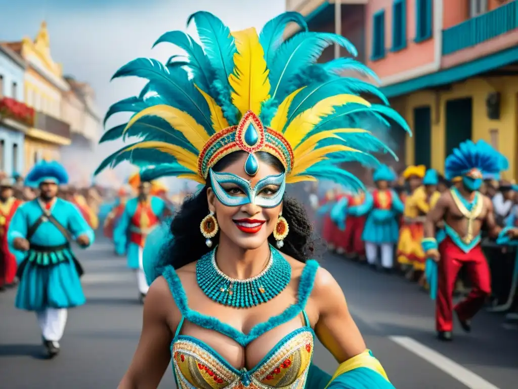 Desfiles legendarios Carnaval Uruguayo: Pintura acuarela vibrante y festiva, con trajes coloridos y música alegre en un desfile de Carnaval