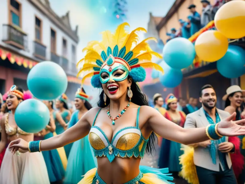 Deslumbrante ilustración acuarela de bailarines de carnaval uruguayo rodeados de confeti y alegría