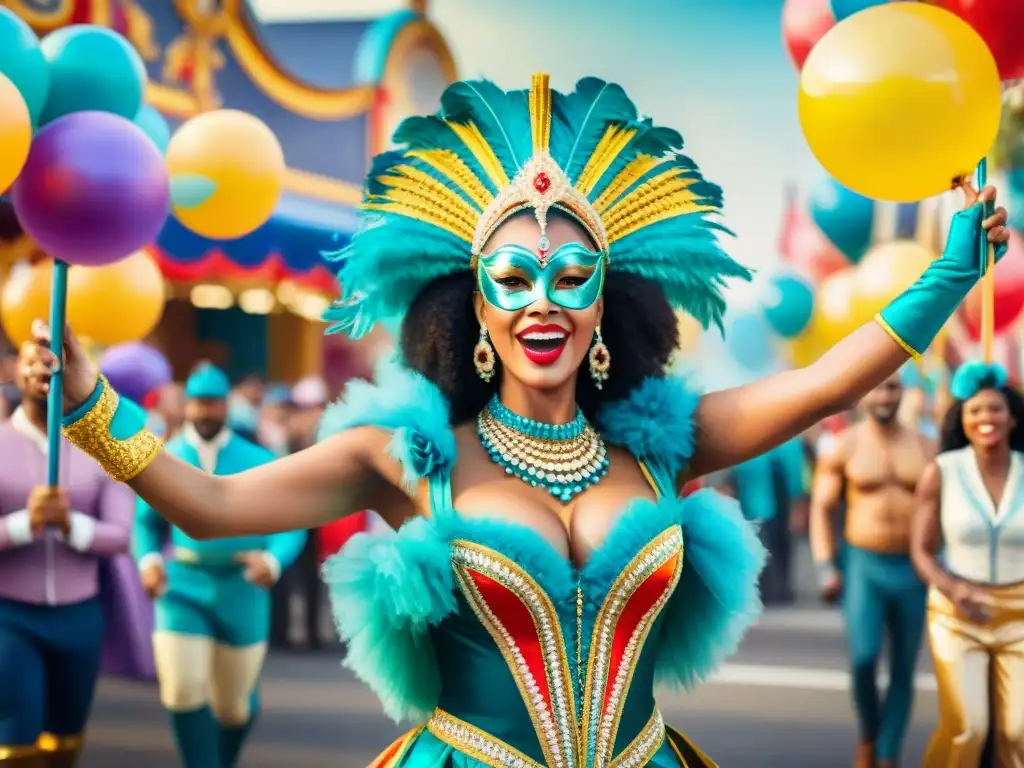 Deslumbrante campaña de marketing en Carnaval: desfile colorido con carrozas, bailarines y espectadores disfrutando la fiesta