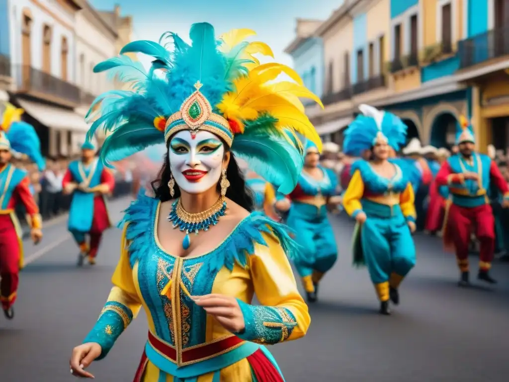 Deslumbrante Carnaval Uruguay: Bailarines vibrantes en trajes tradicionales, plumas y patrones coloridos, en desfile callejero