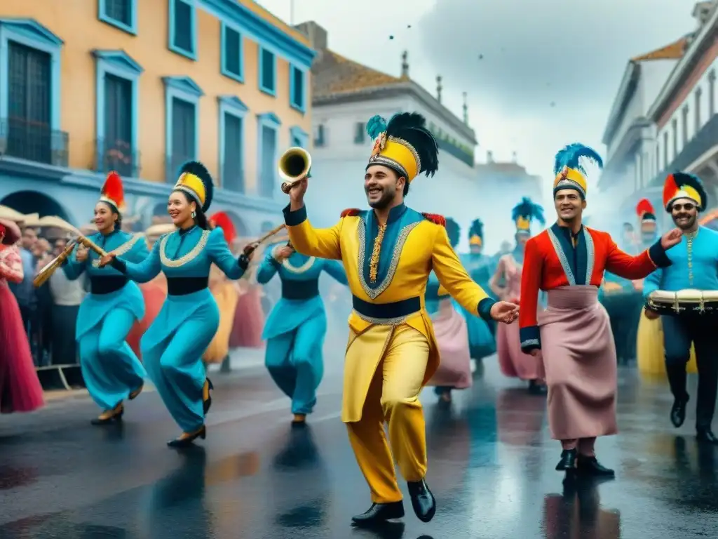 Deslumbrante Carnaval en Uruguay: desfile colorido con bailarines en trajes tradicionales acompañados por tambores de Candombe