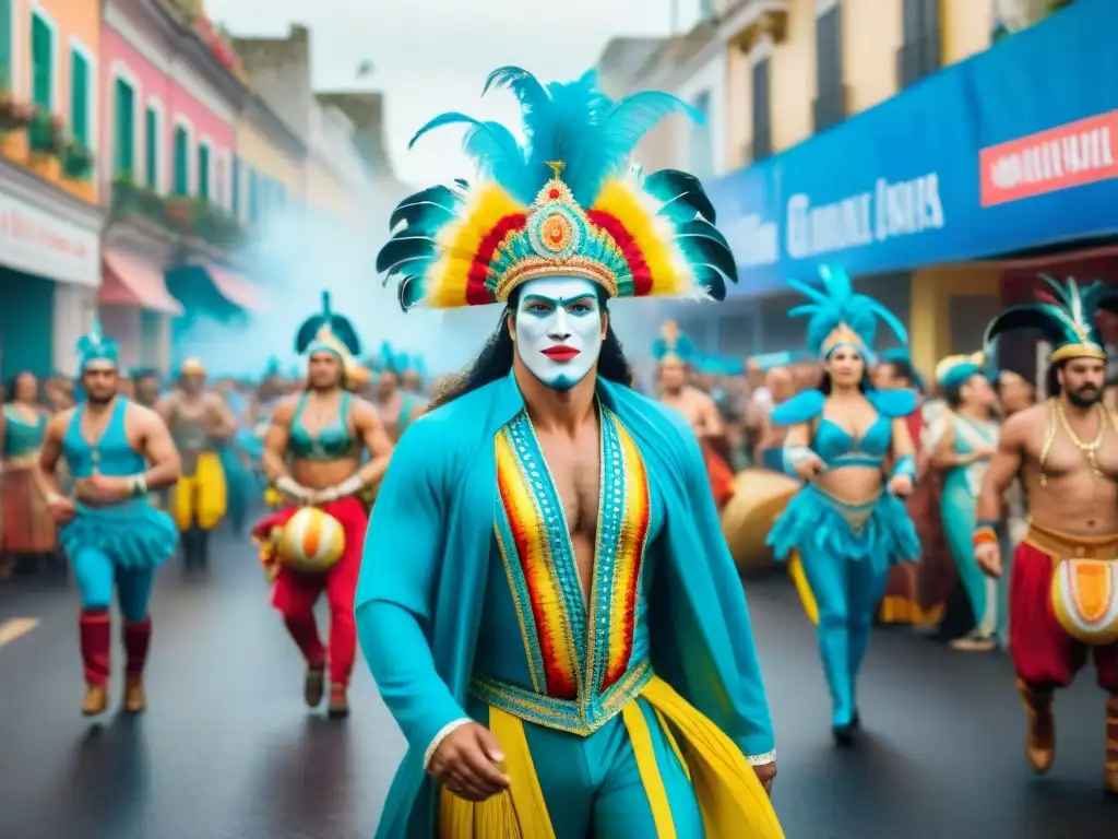 Deslumbrante ilustración acuarela del Carnaval de Uruguay, con coloridos desfiles y espectadores disfrutando la fiesta