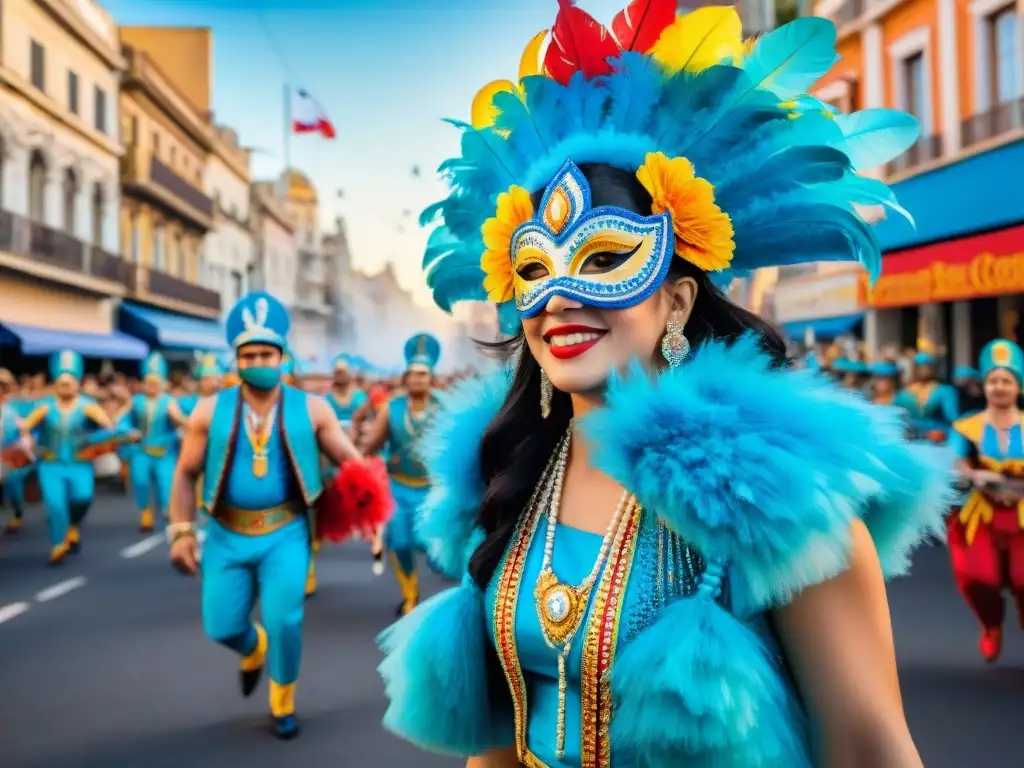 Deslumbrante Carnaval en Montevideo, con danzantes y carrozas bajo un cielo azul