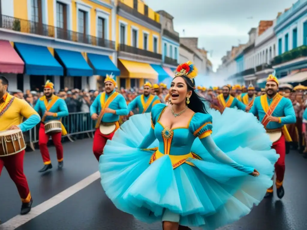 Deslumbrante Carnaval en Uruguay con danzas y colores vibrantes, reflejando el origen y evolución del Carnaval Uruguayo