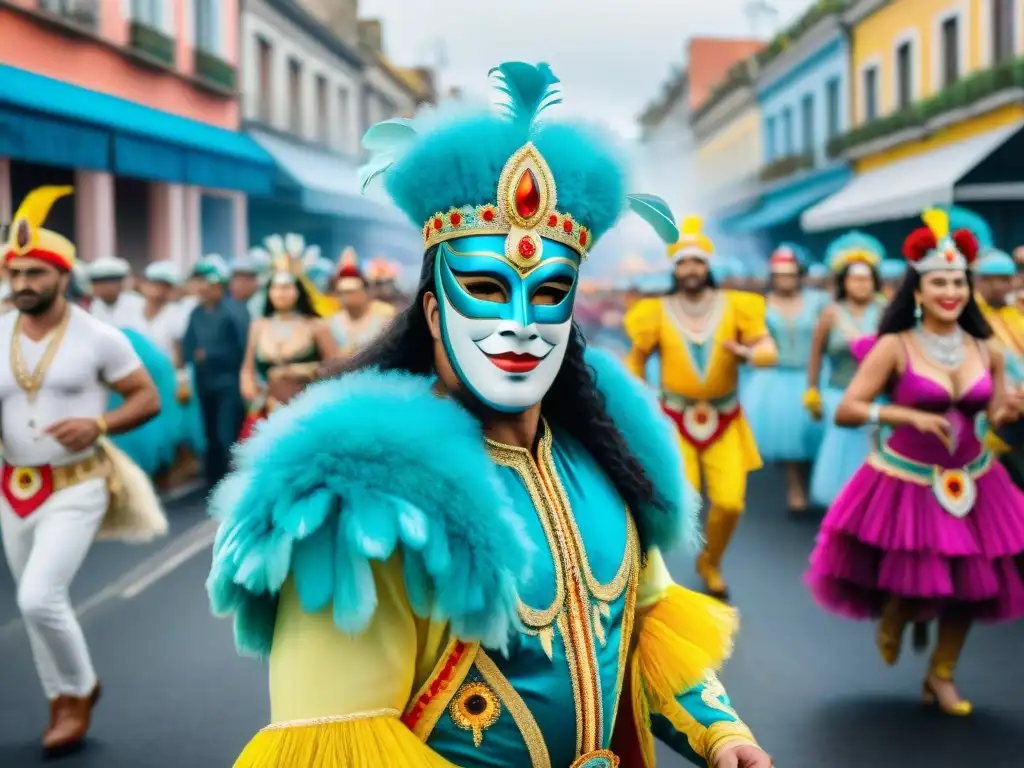 Deslumbrante Carnaval en Uruguay: desfile lleno de color y alegría, con danzas, máscaras y carros alegóricos