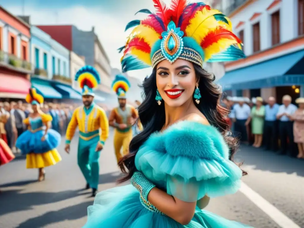 Deslumbrante Carnaval en Uruguay con influencia rioplatense: colores vibrantes, danzas y disfraces detallados