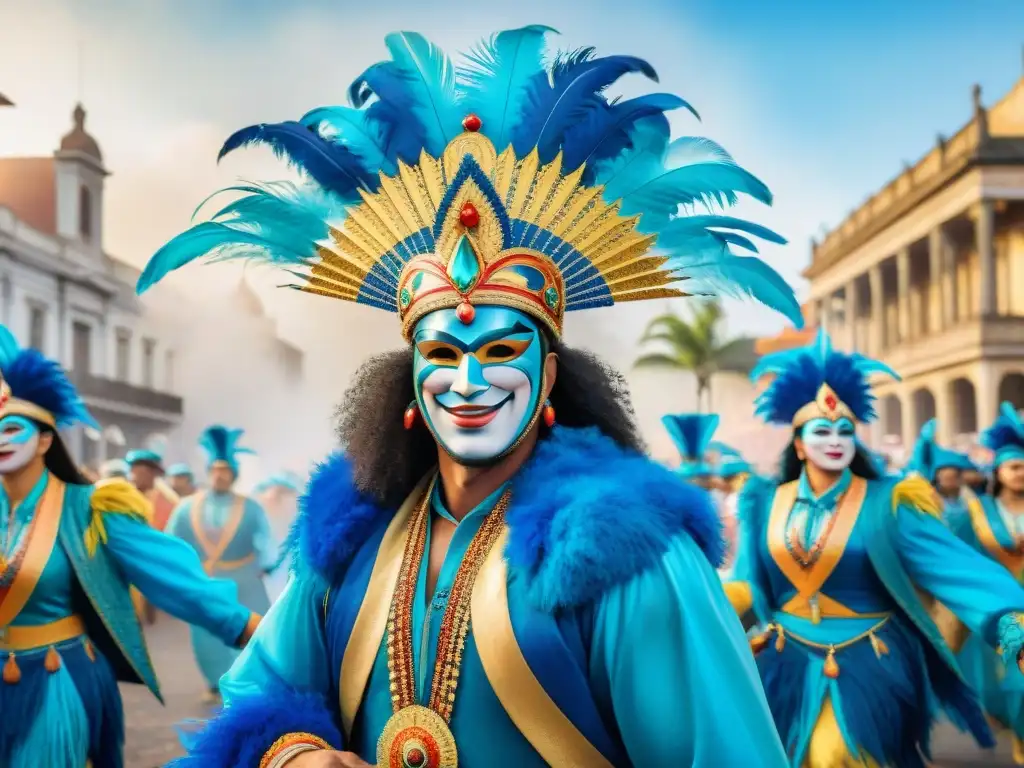 Deslumbrante Carnaval en Uruguay con influencias internacionales en trajes coloridos y bailes alegres bajo cielo azul y edificios coloniales