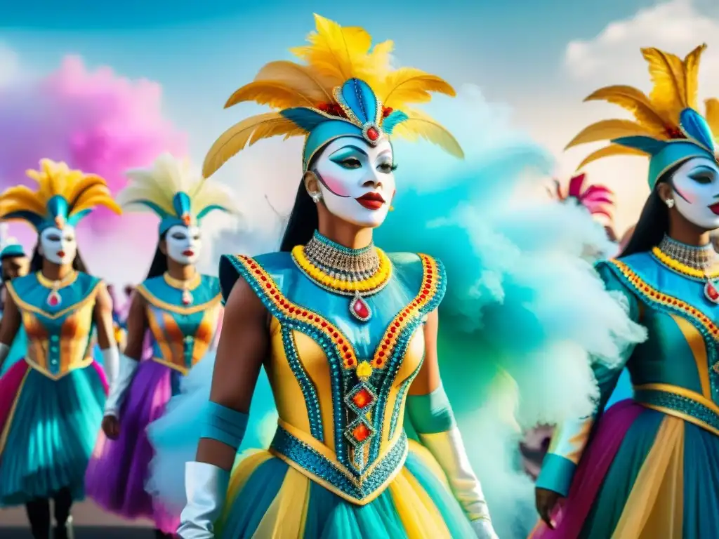 Desfile de Carnaval: Tradición y Tecnología en Armonía Deslumbrante Carnaval con tecnología futurista integrada en vestuarios y carrozas, fusionando tradición e innovación