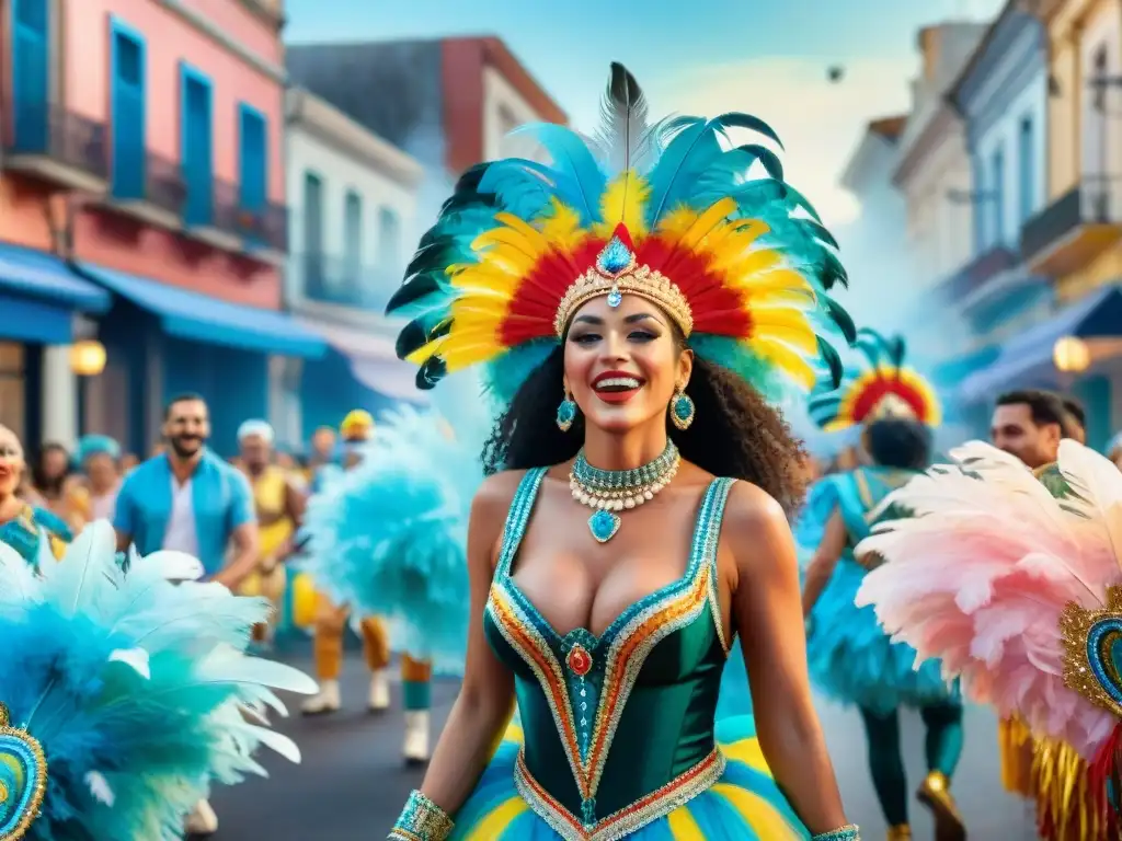 Deslumbrante ilustración acuarela del Carnaval Uruguayo, con carrozas y bailarines coloridos