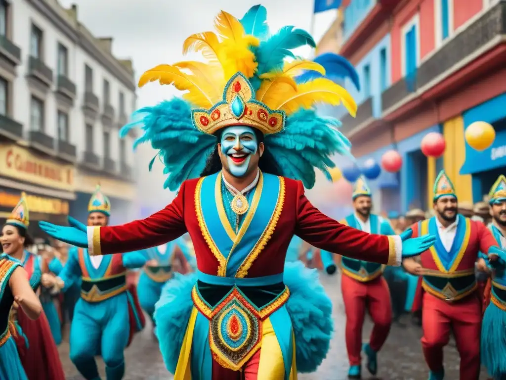 Deslumbrante ilustración acuarela del Carnaval Uruguayo con chefs gastronomía Carnaval Uruguayo, desfile vibrante y colorido