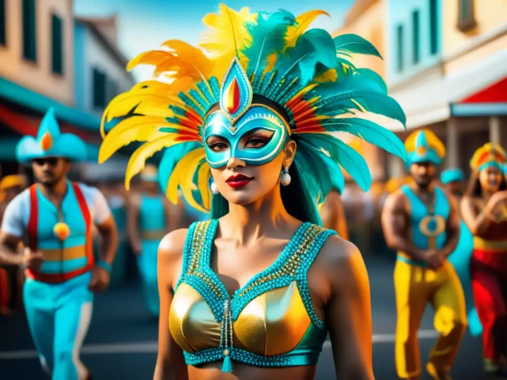 Deslumbrante ilustración acuarela del Carnaval Uruguayo, con coloridos trajes, bailarines energéticos y carrozas festivas