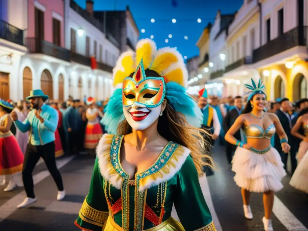 Deslumbrante carnaval uruguayo: coloridos bailarines, música animada y espectadores felices bajo un cielo estrellado