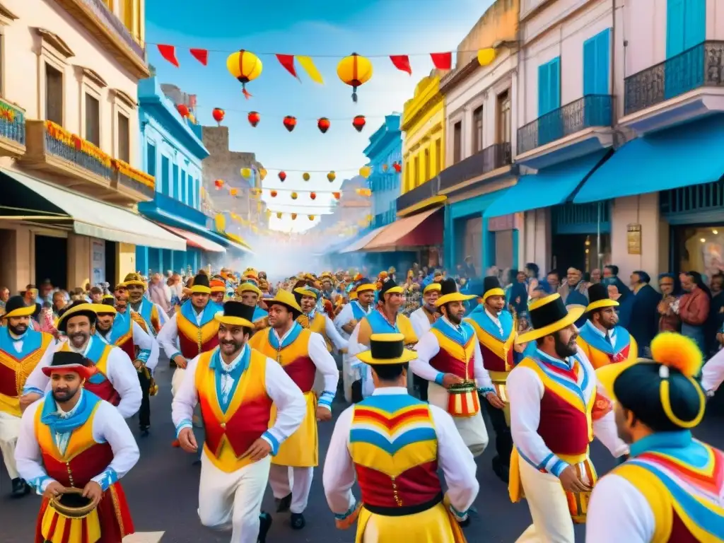 Deslumbrante ilustración acuarela de Carnaval Uruguayo con comparsas coloridas bailando