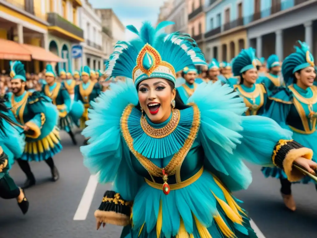 Colorida escena de desfile del Carnaval Uruguayo Deslumbrante ilustración acuarela del Carnaval Uruguayo, con danzantes, músicos y espectadores