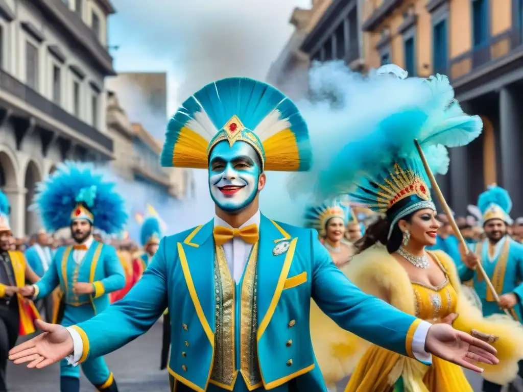 Deslumbrante Carnaval Uruguayo: desfile vibrante y colorido con trajes tradicionales y músicos alegres, en Montevideo