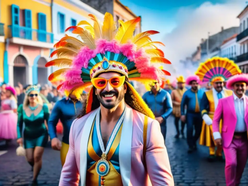 Deslumbrante Carnaval Uruguayo: desfile colorido con danzas, música y edificios históricos en calles empedradas