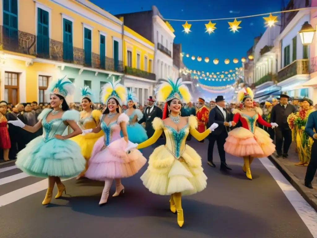 Deslumbrante Carnaval Uruguayo: desfile vibrante bajo la noche estrellada de Montevideo