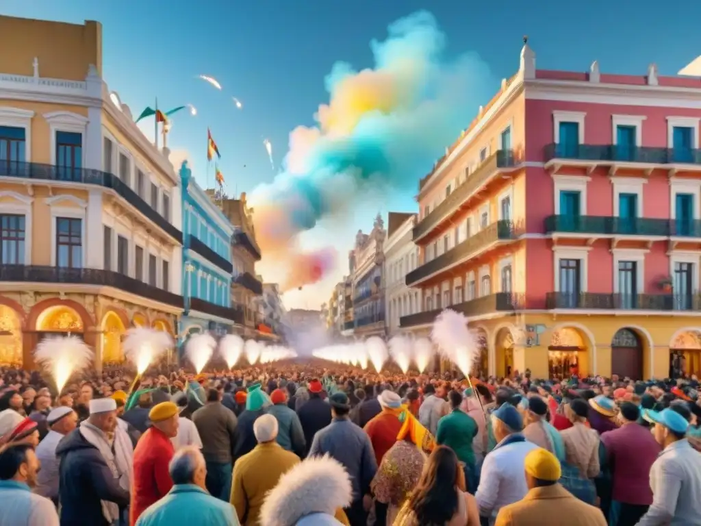 Deslumbrante Carnaval Uruguayo: desfile colorido de bailarines con trajes de lujo, plumas y lentejuelas bajo un cielo de fuegos artificiales