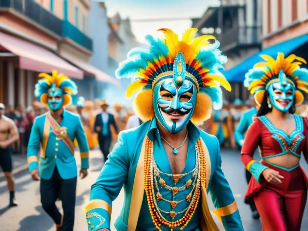 Deslumbrante Carnaval Uruguayo: desfile festivo con coloridos trajes y máscaras, música alegre y comunidad celebrando juntos