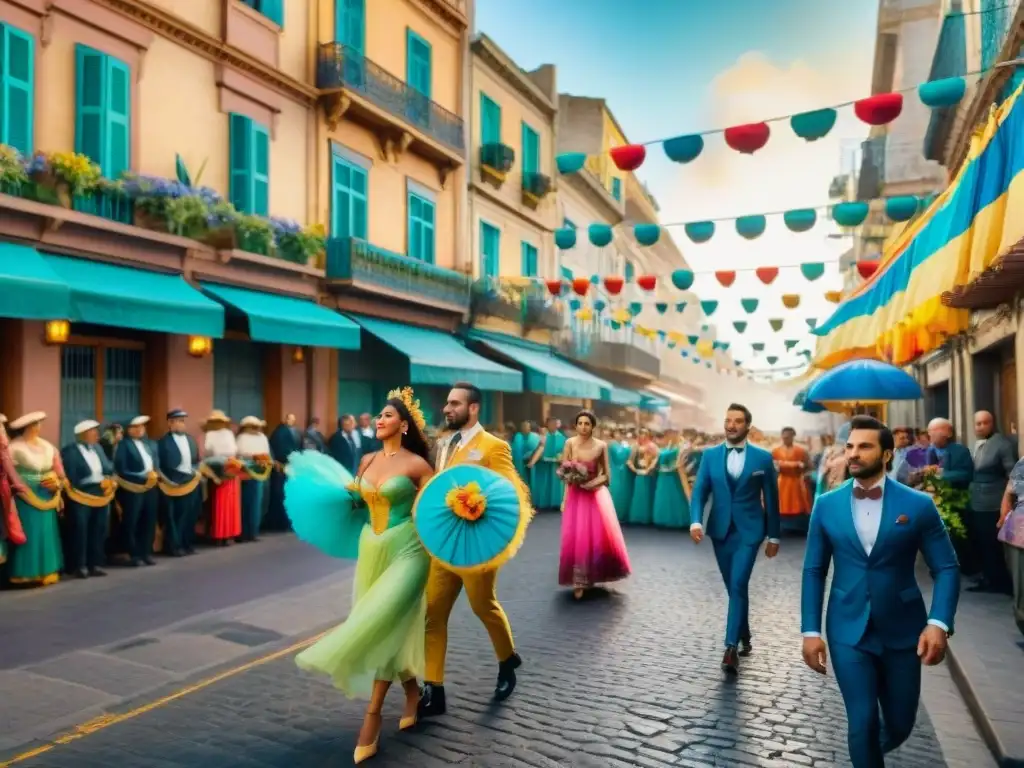 Deslumbrante Carnaval Uruguayo: desfile de bailarines en Montevideo, banderas coloridas y espectadores emocionados desde balcones decorados