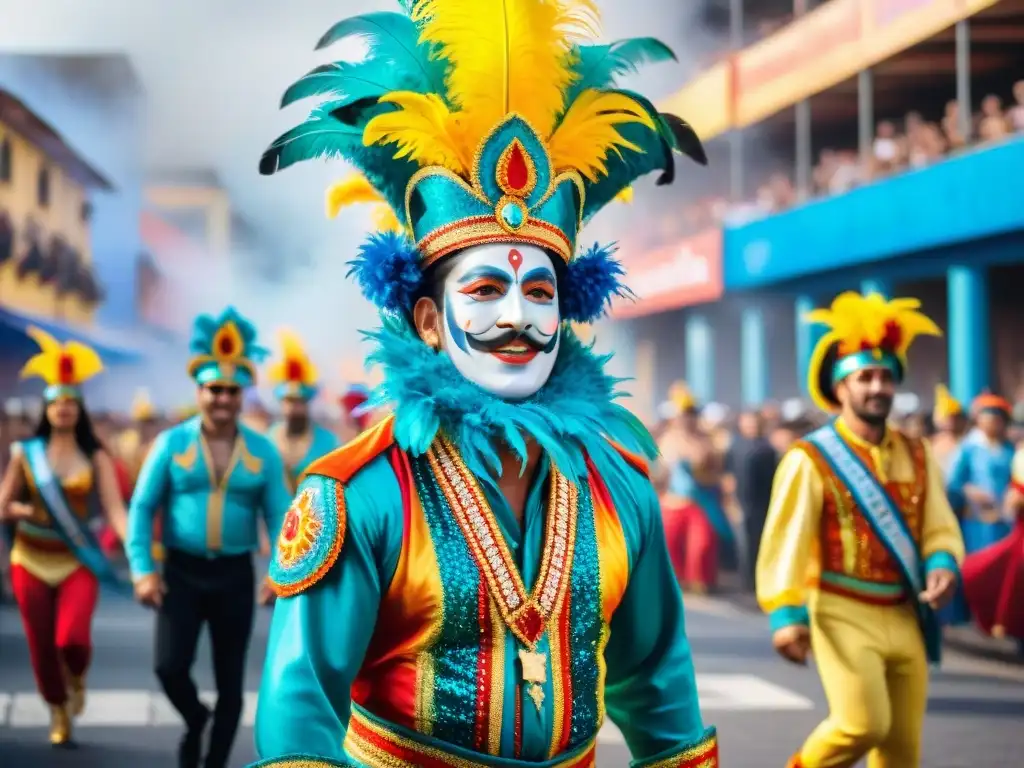 Deslumbrante Carnaval Uruguayo: desfile colorido y dinámico en las calles, con carros alegóricos, bailarines y arquitectura tradicional