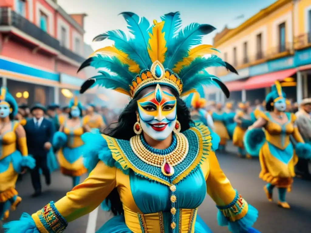 Deslumbrante Carnaval Uruguayo: desfile colorido, trajes elaborados y multitud animada