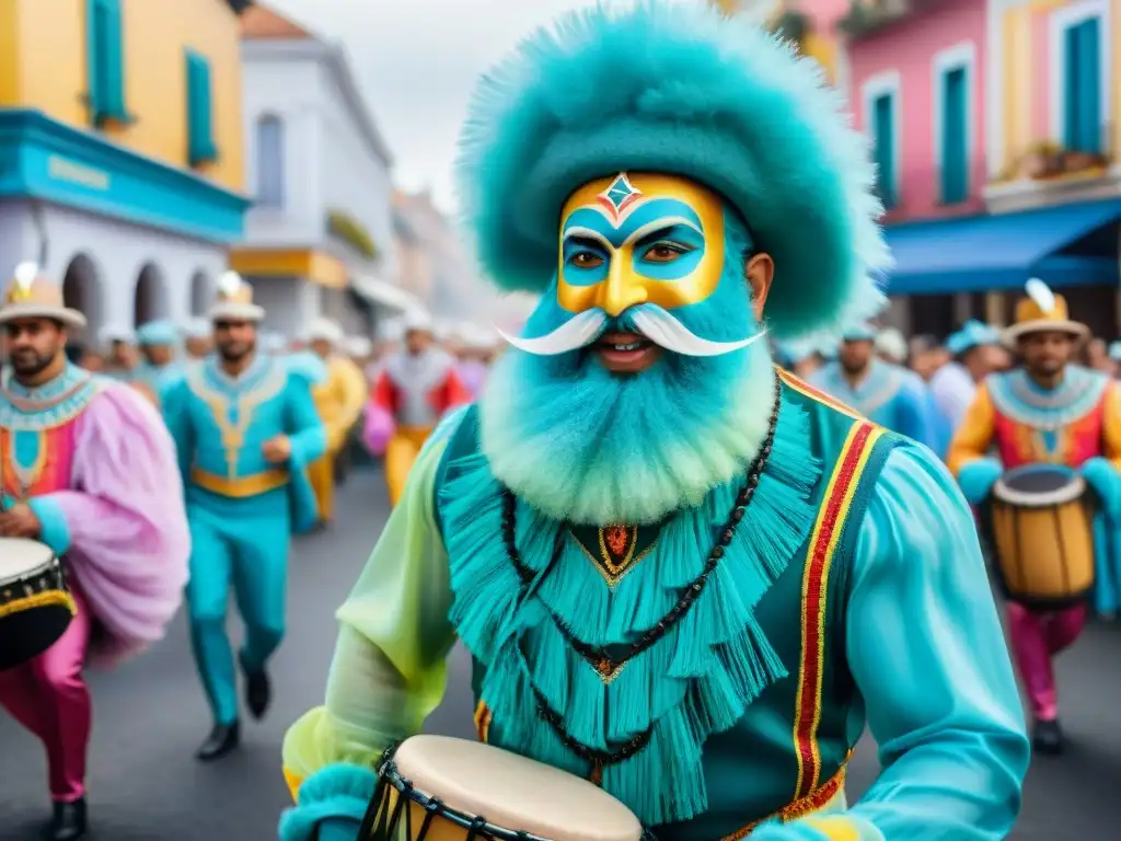 Deslumbrante Carnaval Uruguayo: desfile vibrante de bailarines, tambores y carrozas en las calles coloniales