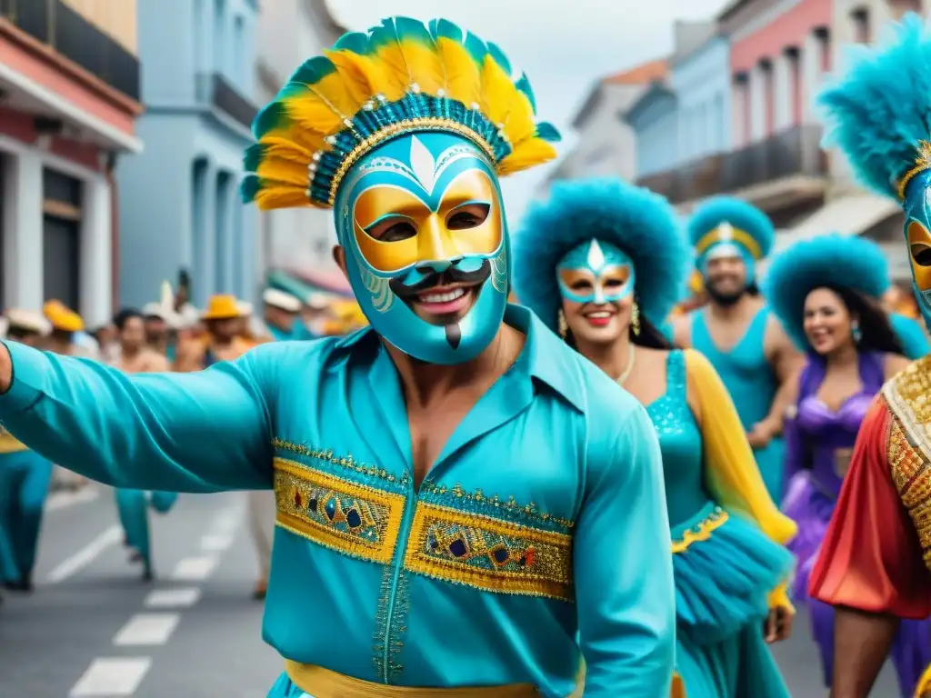 Deslumbrante Carnaval Uruguayo: desfile vibrante con coloridos trajes y máscaras en las calles llenas de música y alegría