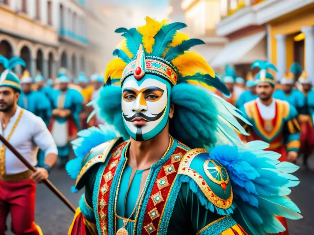 Deslumbrante Carnaval Uruguayo: desfile lleno de color con músicos, bailarines y carrozas, capturando la energía festiva