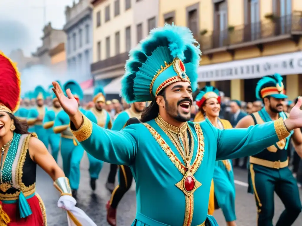 Deslumbrante carnaval uruguayo: desfile de carrozas coloridas y bailarines alegres en las bulliciosas calles