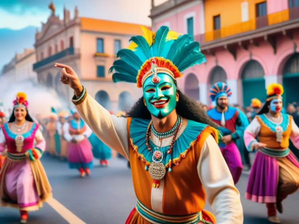 Deslumbrante Carnaval Uruguayo destinos culturales en vibrante ilustración acuarela