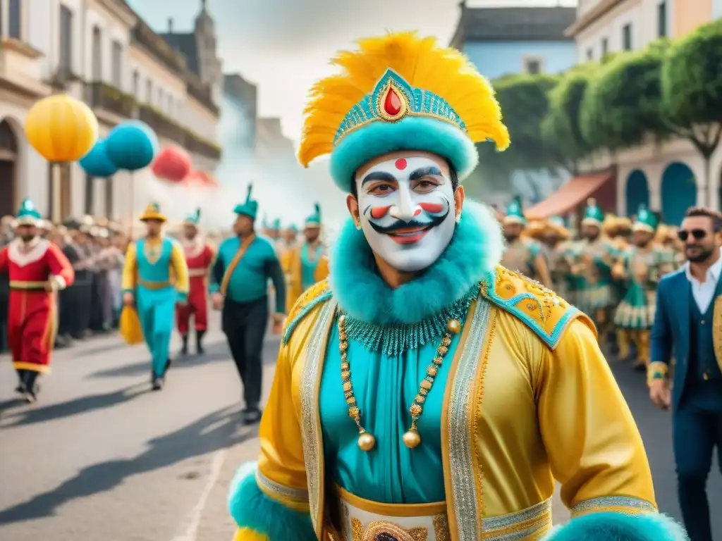 Deslumbrante Carnaval Uruguayo con impacto ambiental: trajes coloridos, carrozas alegres y bailarines felices en vibrante desfile urbano