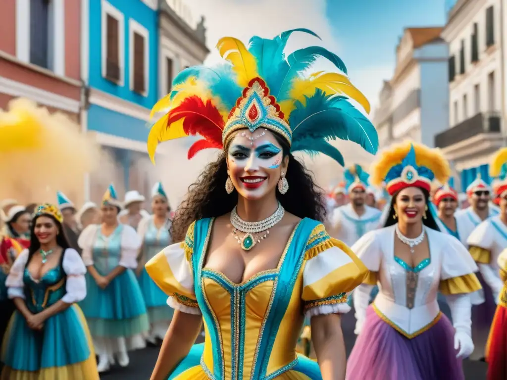 Deslumbrante ilustración acuarela del Carnaval Uruguayo: lujo, celebración y estilo en vibrante desfile