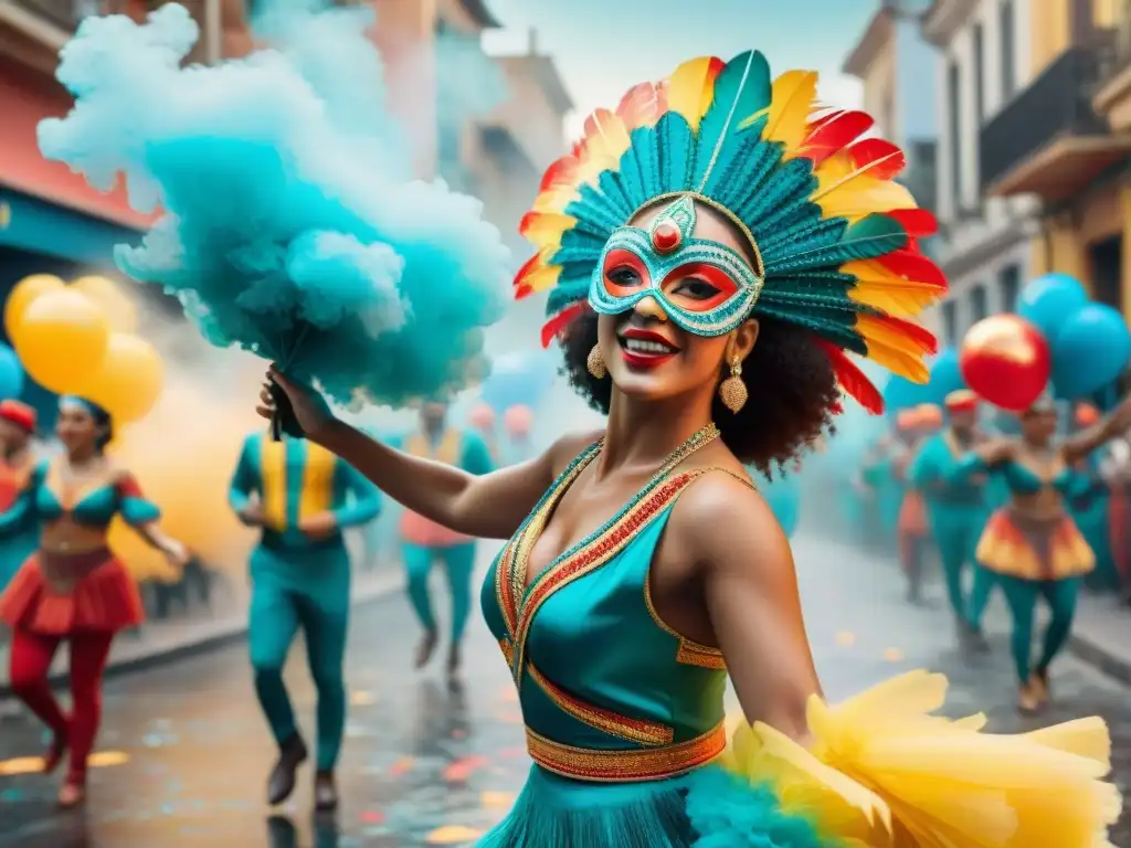 Deslumbrante Carnaval Uruguayo realidad aumentada con danzantes y efectos vibrantes